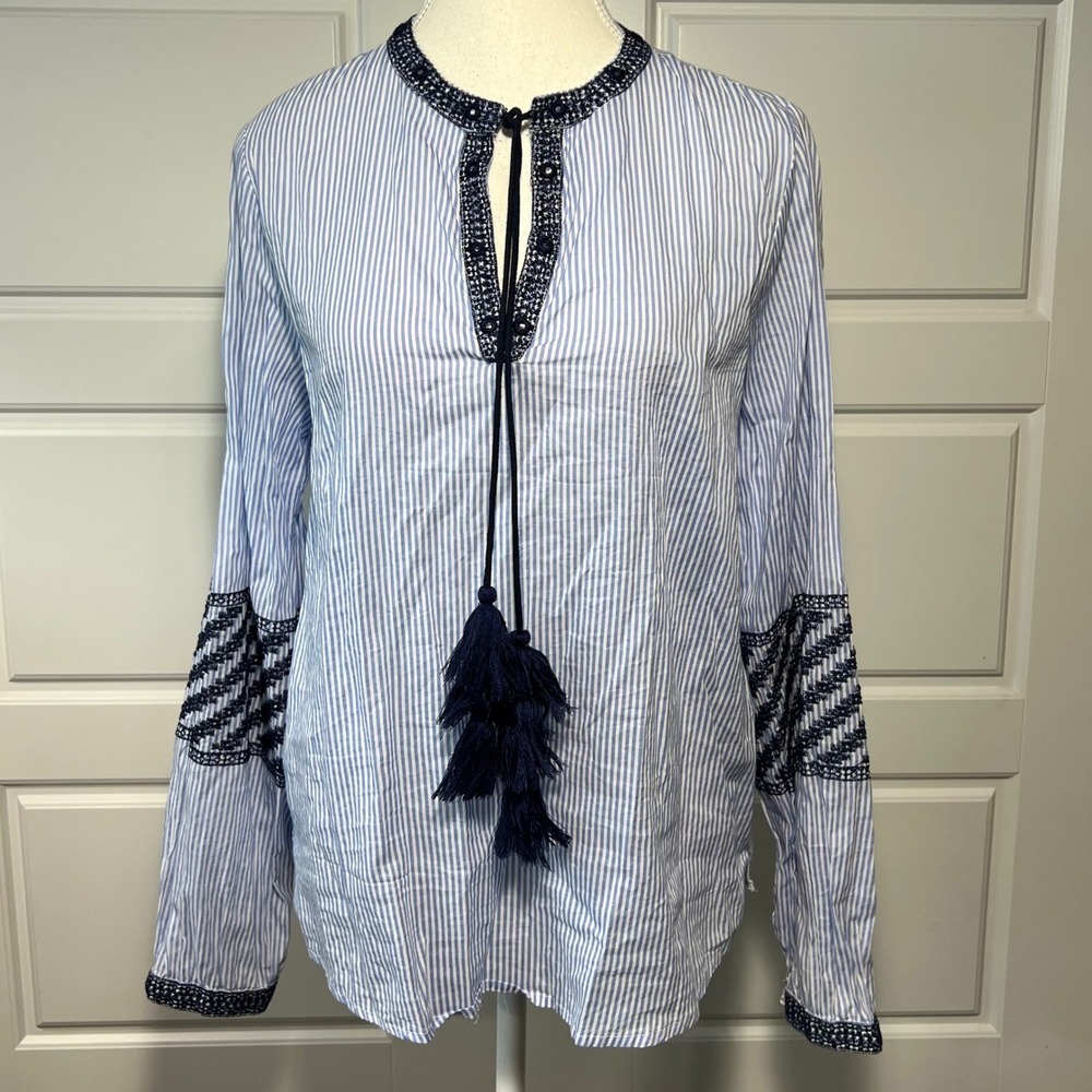 Sfera Casual Blue White Stripe Tassel Neck Embroidered Bell Sleeve Blouse Top M